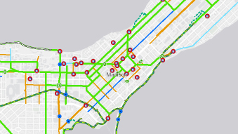 Preview of bike map with lines for bus lanes and markers for B Cycle stations