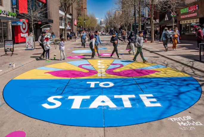 Flock to State mural on the State Street Pedestrian Mall experiment