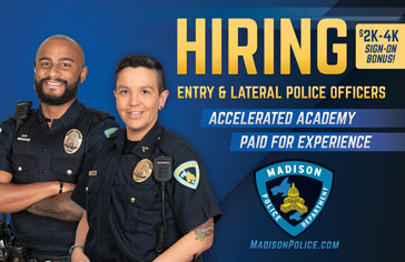 Ad with the words Now Hiring Entry & Lateral Police Officers Accelerated Academy, Paid for Experience