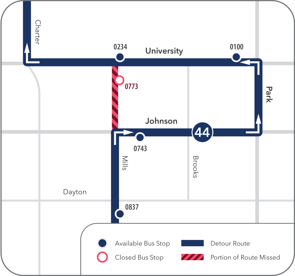 detour map showing Mills St. closure (between University and Johnson)
