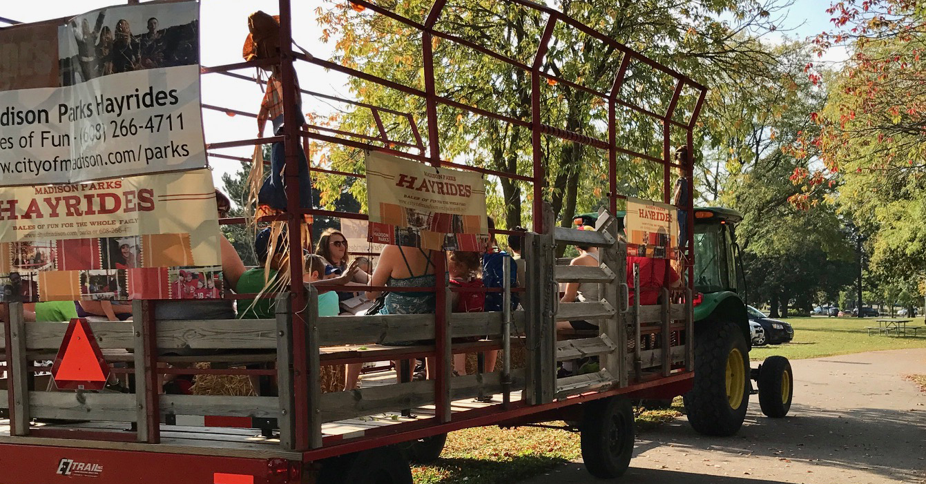 haywagon with people driven by a tractor through a meadow