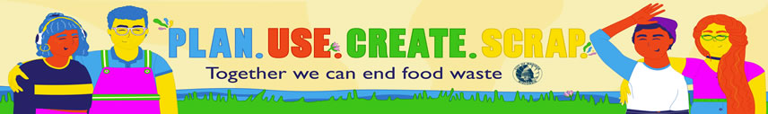 Together we can end food waste. The image is of cartoon characters standing together and smiling, sharing this message.