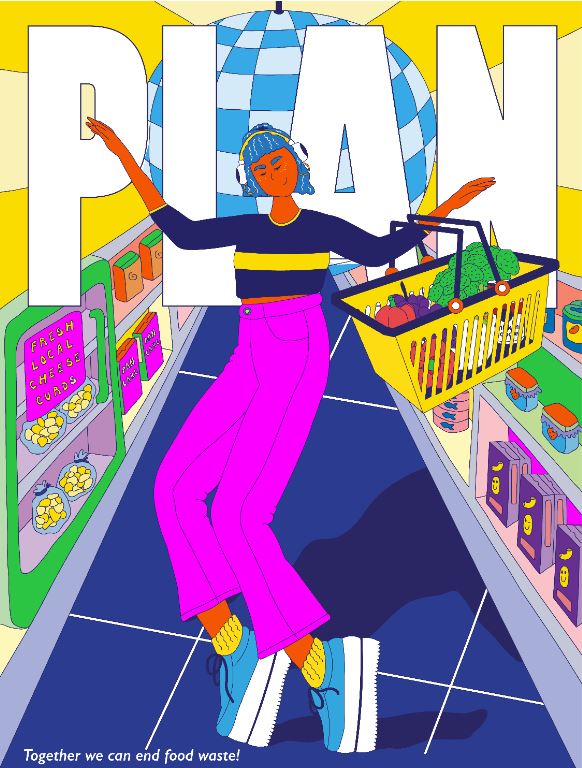Image is of a cartoon mindfully shopping in a grocery store - and she is dancing